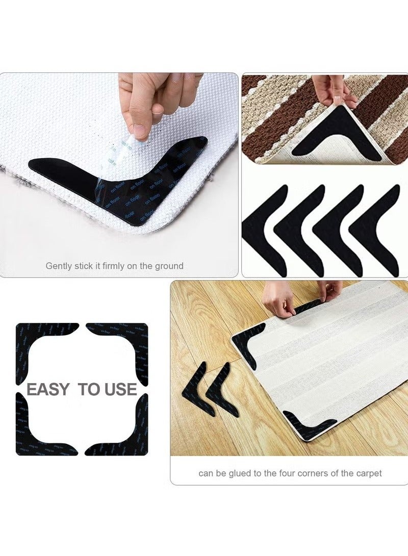 Black L Shape Rug Gripper Rug Tape 8 Pcs Double Sided Anti Curling Non Slip Reusable Rug Pad for Hardwood Floors, Carpets, Floor Mats in Place  Make Corner Flat and Easily Peel Off - Image 2